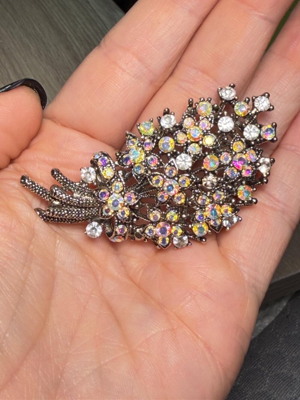 Vintage AB Rhinestone Flower Bouquet Brooch Pendant Convertible 2.6"